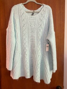 Anthropology Light Blue Open-Knit Crewneck SweaterXL New